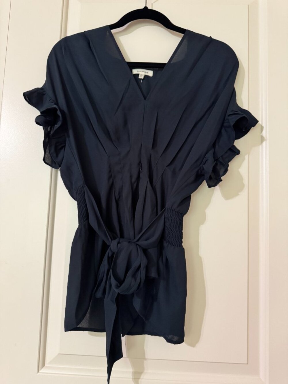Max Studio Navy V-Neck Blouse with Tie Waist & Ruffle Sleeves - Medium